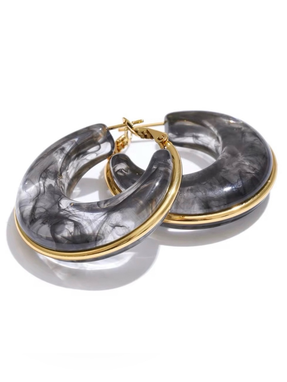 Gold-Trim Black Marbled Hoop Earrings - Women Jewelry